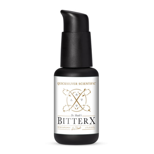 Dr. Shade's BitterX bottle pours for quick digestive support.