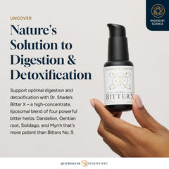 Dr. Shade's BitterX label close-up reveals botanicals for digestive balance.