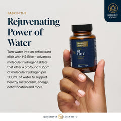 Glass of water with H2 Elite tablet ready to deliver hydrogen hydration