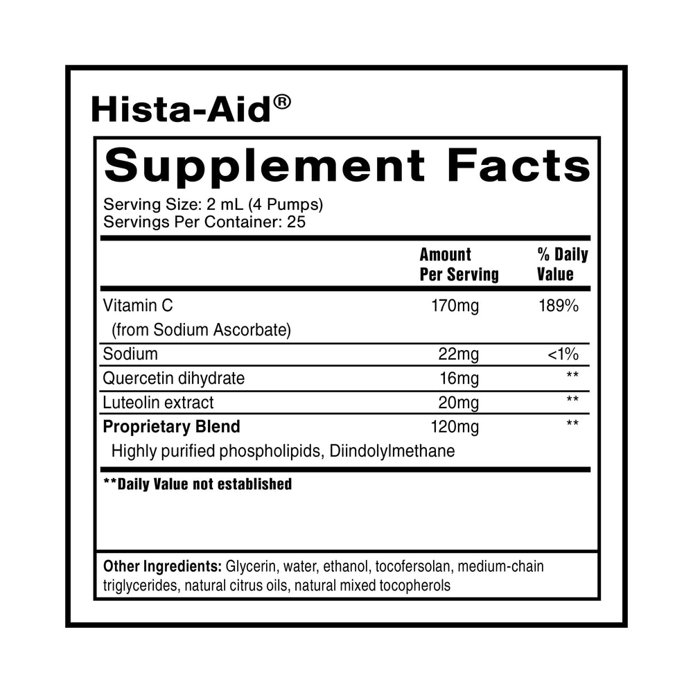 Close-up of Hista-Aid label showing liposomal technology