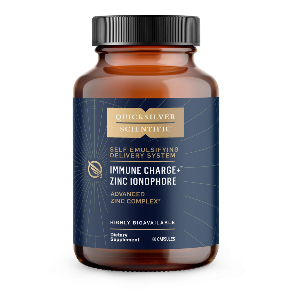Quicksilver Scientific Immune Charge bottle suggests zinc delivery and immune support potential.