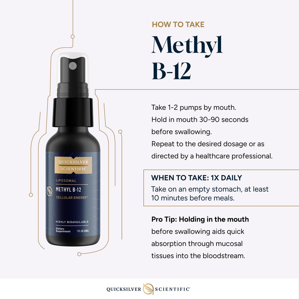 Quicksilver Scientific Methyl B12 bottle with vegan, clear liposomal liquid.