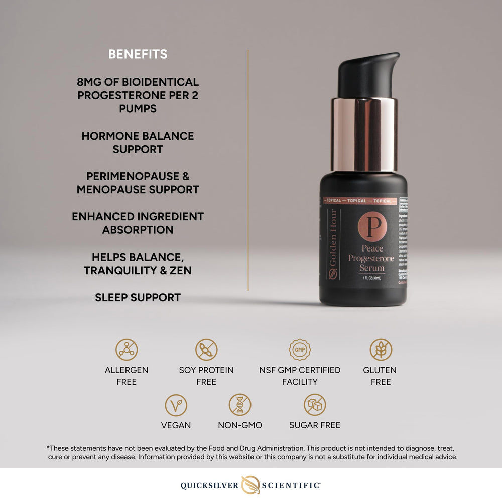 Quicksilver Scientific Peace Serum golden-hour packaging for premium use