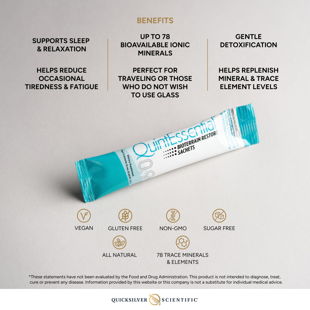Quicksilver Quintessential 0.9 sachet beside a bottle highlighting mineral replenishment.
