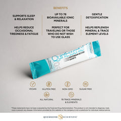 Quicksilver Quintessential 0.9 sachet beside a bottle highlighting mineral replenishment.