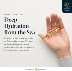 Quicksilver Quinton ampoules pour into glass, supporting fast hydration and electrolyte balance