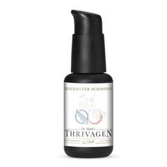 Quicksilver Thrivagen bottle label highlighting the adaptogenic blend for daily balance.