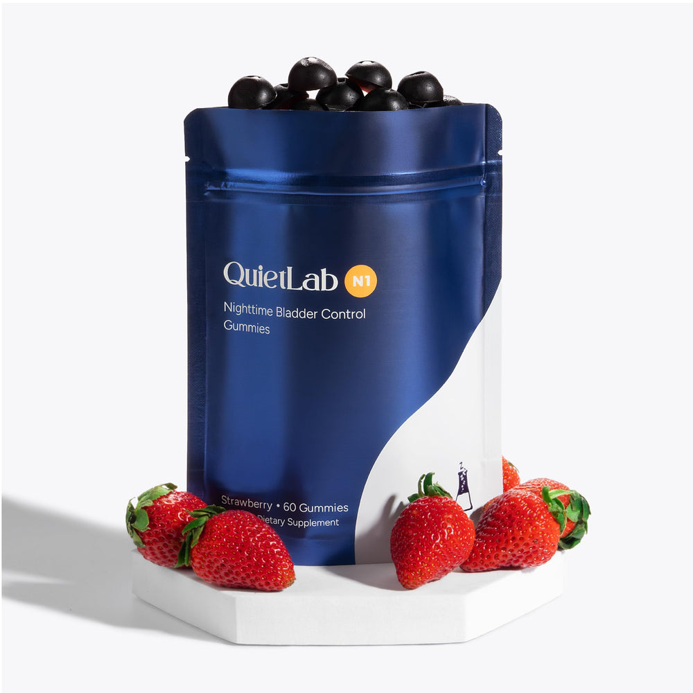 QuietLab N1 bottle of strawberry gummies for nighttime bladder support.