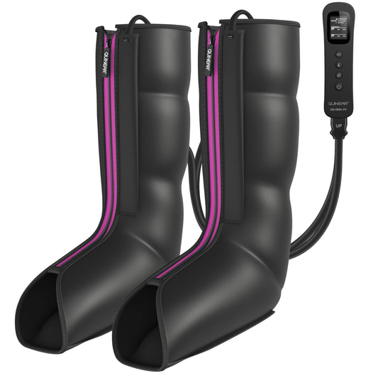 QUINEAR leg massager provides calf coverage for full lower-leg relief after activity