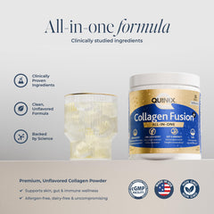 Close-up of Collagen Fusion+ powder texture shows a clean unflavored formula.
