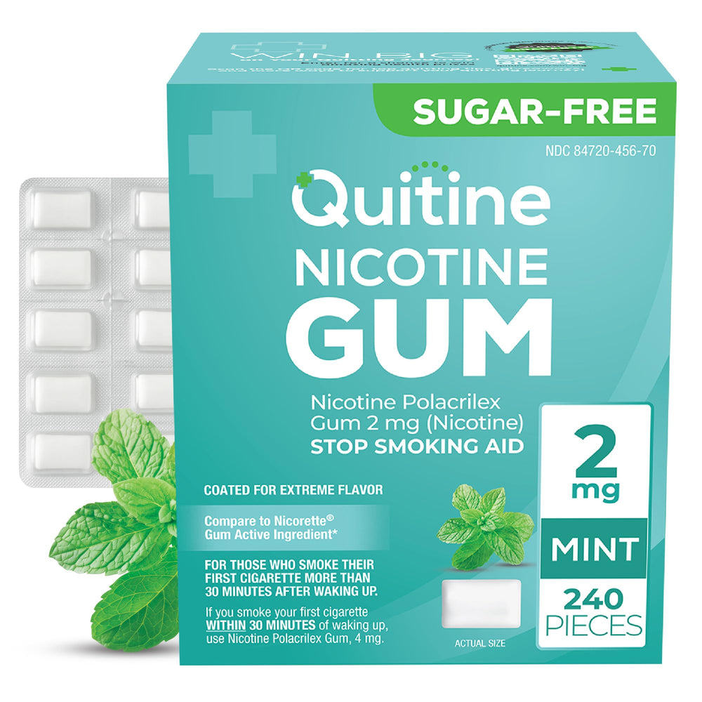 Quitine 2mg Mint gum coated pack highlighting quick flavor release for cravings