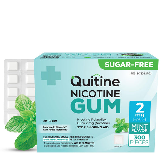 Quitine 2mg mint gum packaging in a 300-count value pack.
