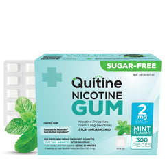 Quitine 2mg mint gum packaging in a 300-count value pack.