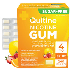 Quitine Nicotine Gum 4mg Fruit Flavor packaging showcases a value-packed quit-aid option