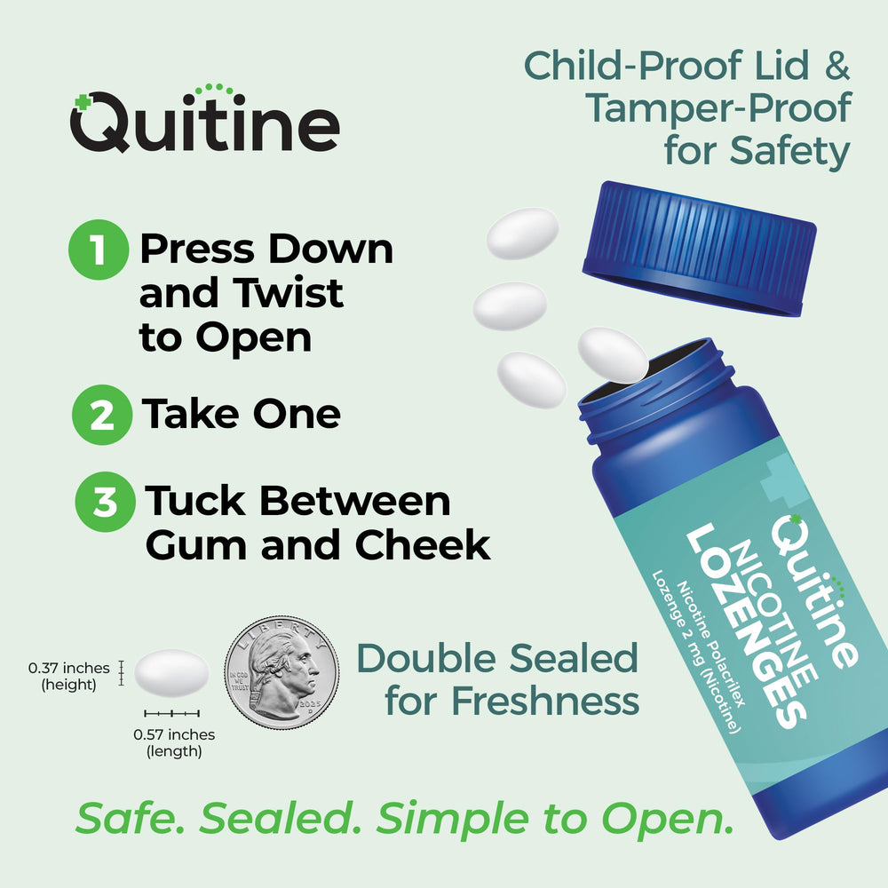 Front view of Quitine 2mg Mint lozenges box highlighting value pack