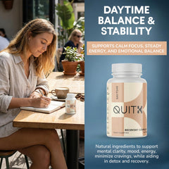 QuitK Recovery bottle front showing compact daily detox support