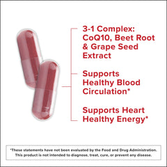 Qunol 3in1 bottle back shows ingredients and usage for heart-friendly energy