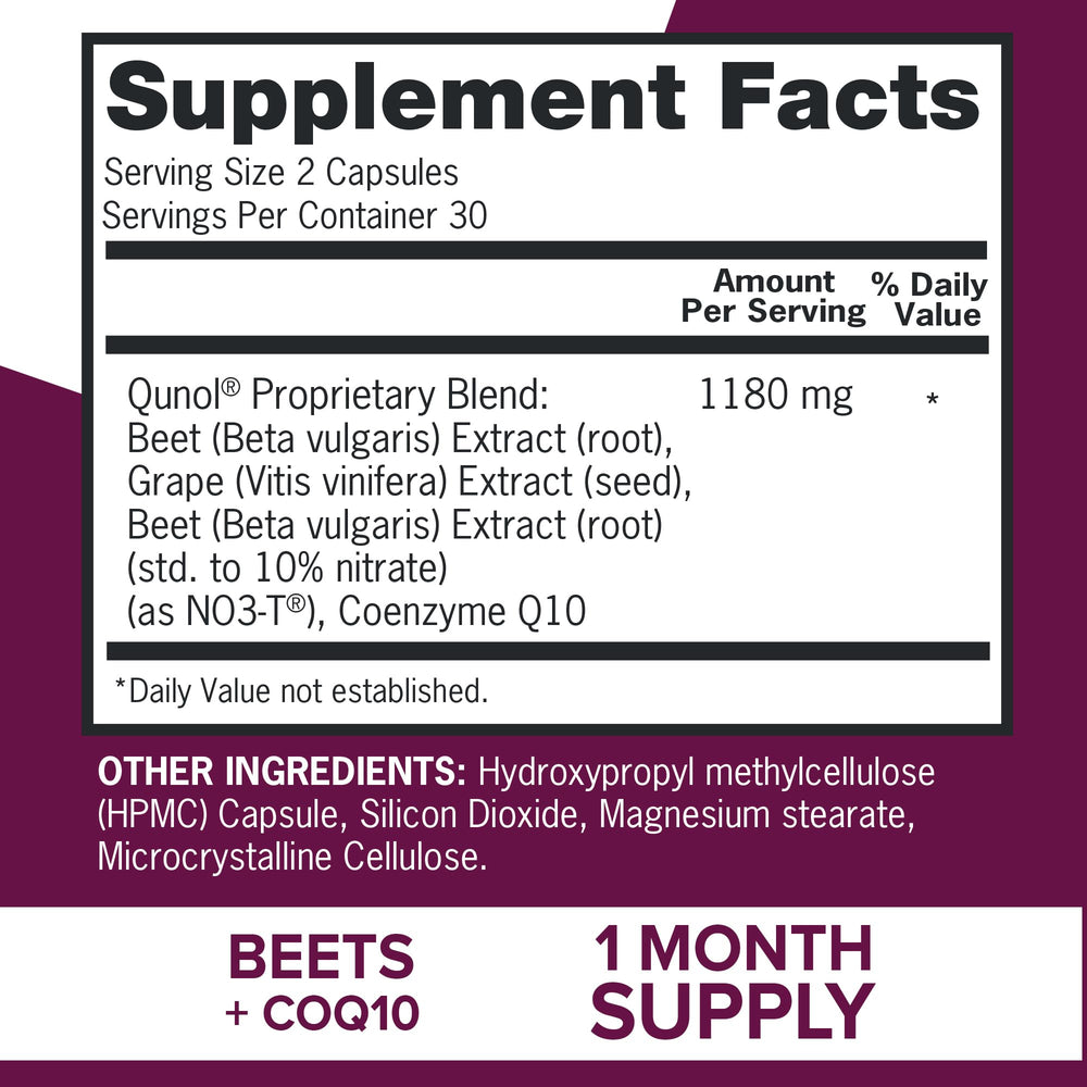 Qunol beets capsules closeup showing easy-to-swallow form