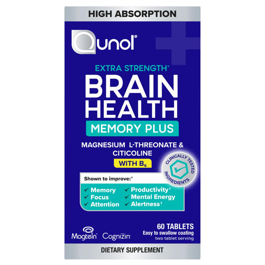 Qunol Brain Health Memory Plus bottle front offering memory support