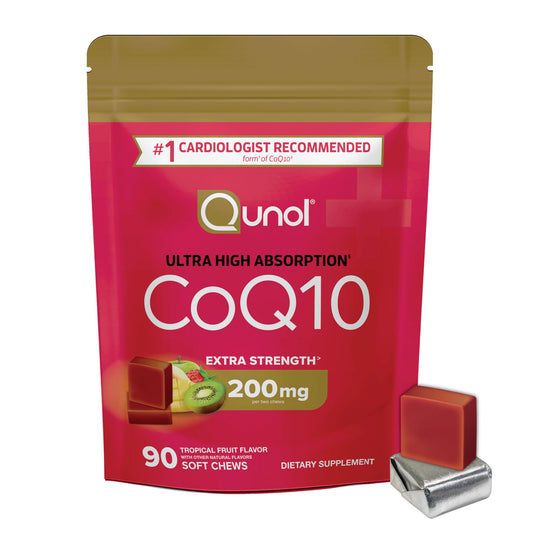 Qunol CoQ10 200mg soft chews packaging shown for daily heart health support