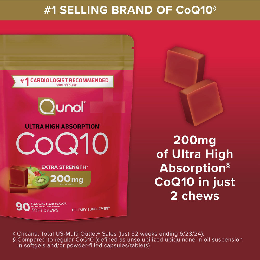 Qunol CoQ10 200mg soft chews twist-off cap access at home or work