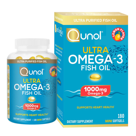 Qunol lemon flavor mini softgels bottle for daily omega-3 intake