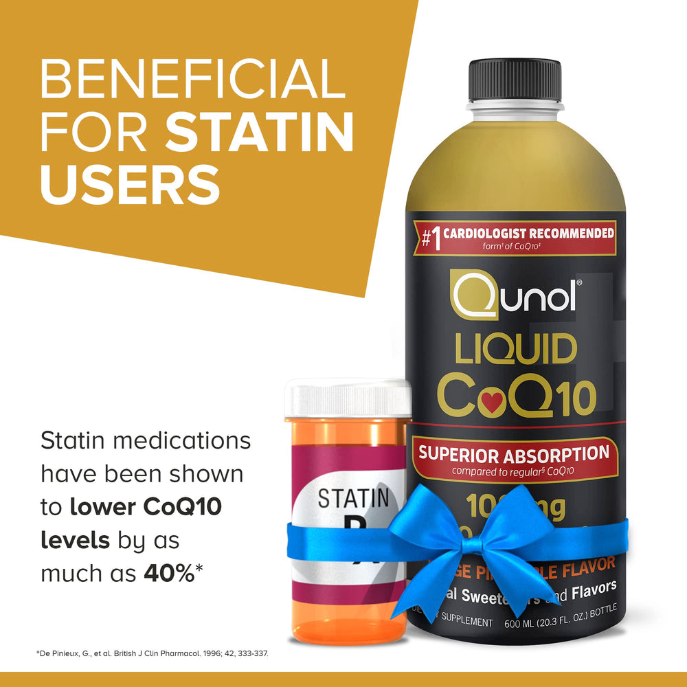 Qunol liquid CoQ10 measuring scoop beside bottle for convenient daily dose