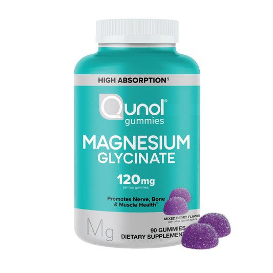 Qunol Magnesium Glycinate Gummies bottle front with mixed berry flavor and high absorption