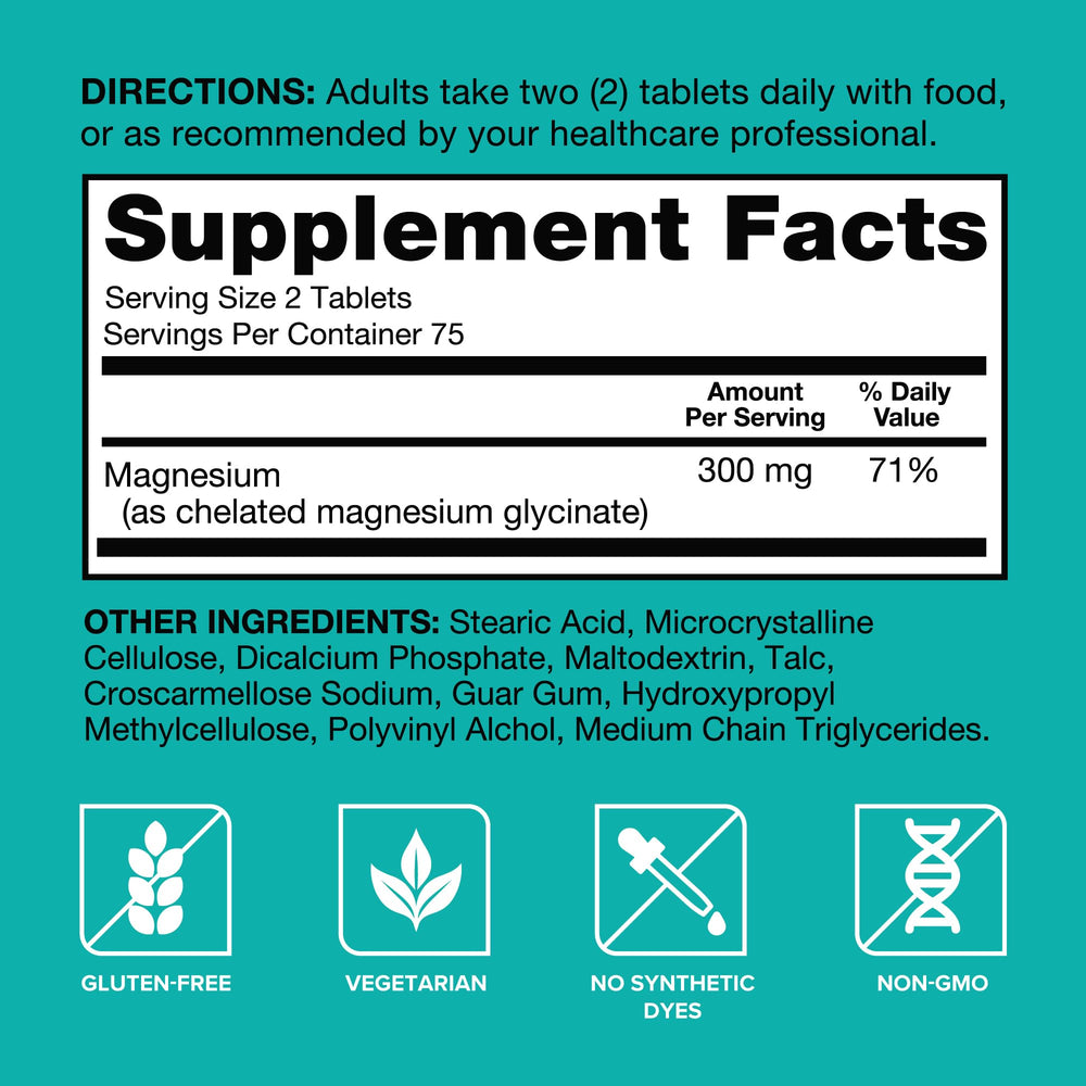 Qunol Magnesium Glycinate serving 150 tablets on bottle for long-term use