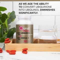 Qunol Plus capsules close-up emphasizing ubiquinol content.