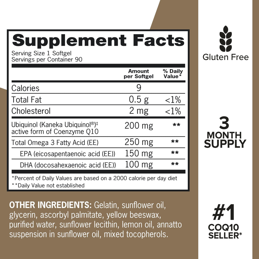 Qunol Plus label details showing antioxidant and energy support notes.