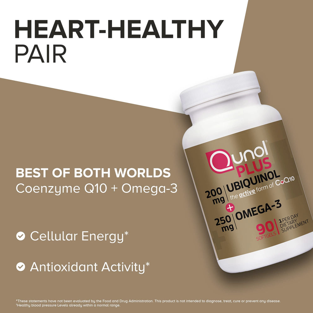 Qunol Plus packaging box display with 90-count bottle.
