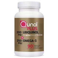 Qunol Plus ubiquinol bottle front view highlighting energy support.