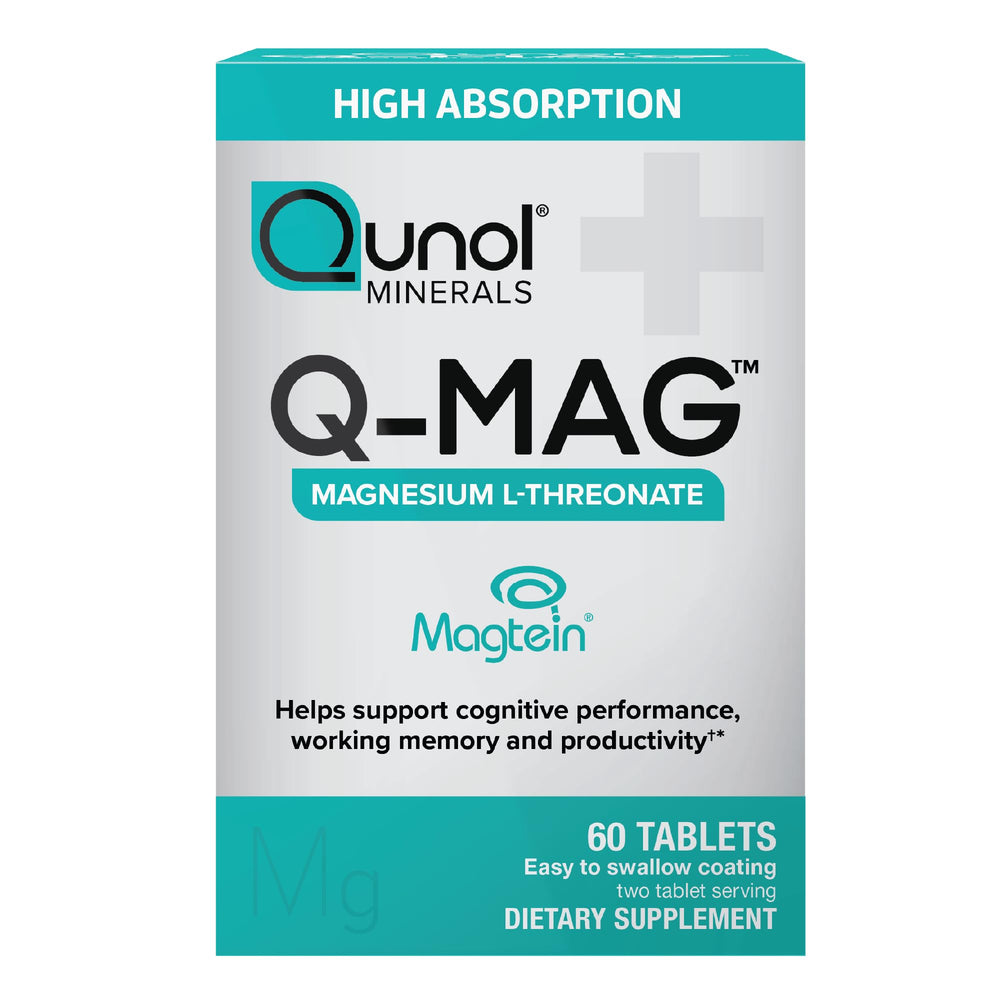 Qunol Q-Mag bottle shows Magtein magnesium L-threonate for daily cognitive support.