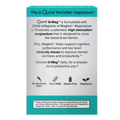 Qunol Q-Mag capsules closeup highlights easy-to-swallow tablets and high absorption.