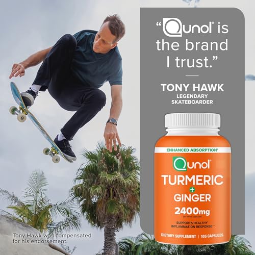 Qunol Turmeric capsules in hand illustrate easy on-the-go use.