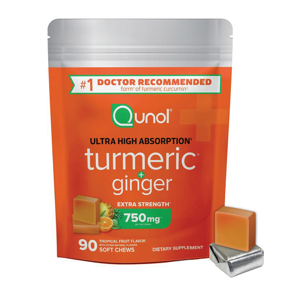 Qunol Turmeric & Ginger Soft Chews bottle for convenient daily use.