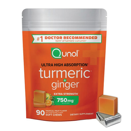 Qunol Turmeric & Ginger Soft Chews bottle for convenient daily use.