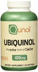 Qunol Ubiquinol 100mg softgel bottle on a clean kitchen counter