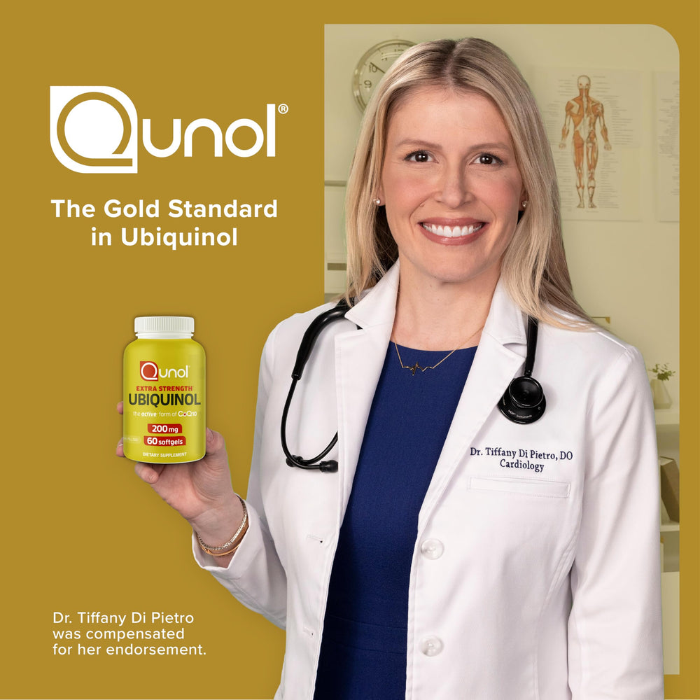 Qunol softgel capsules in hand emphasizing portable daily dose