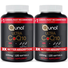 Qunol Ultra CoQ10 100mg softgels bottle for daily energy support.