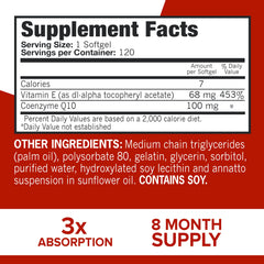 Qunol Ultra CoQ10 100mg softgels label close-up showing 3x absorption claim.