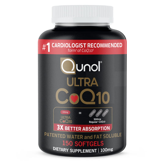 Qunol Ultra CoQ10 softgels bottle demonstrates easy daily use with enhanced absorption.
