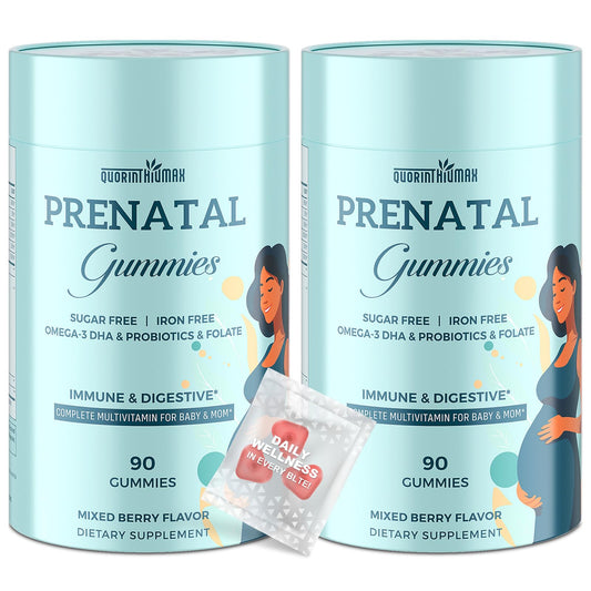 Two-bottle package of Quorinthiumax Prenatal Gummies for on-the-go use