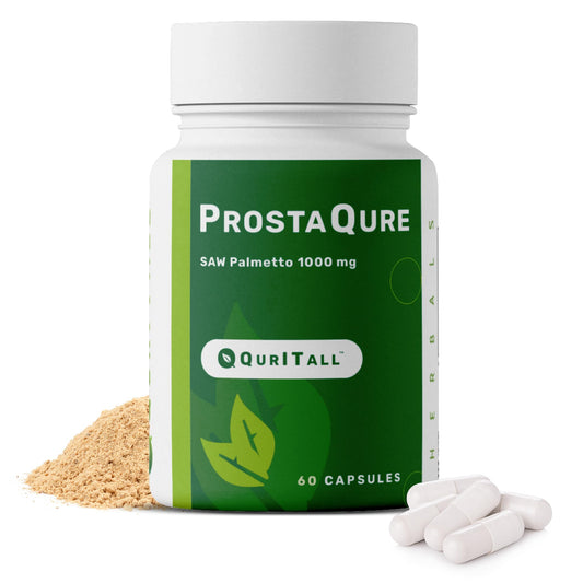 QurItAll ProstaQure bottle with capsules close-up showing potential urinary comfort.
