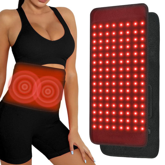 Qworaky red light therapy belt close-up showing 660nm and 850nm LEDs for muscle comfort