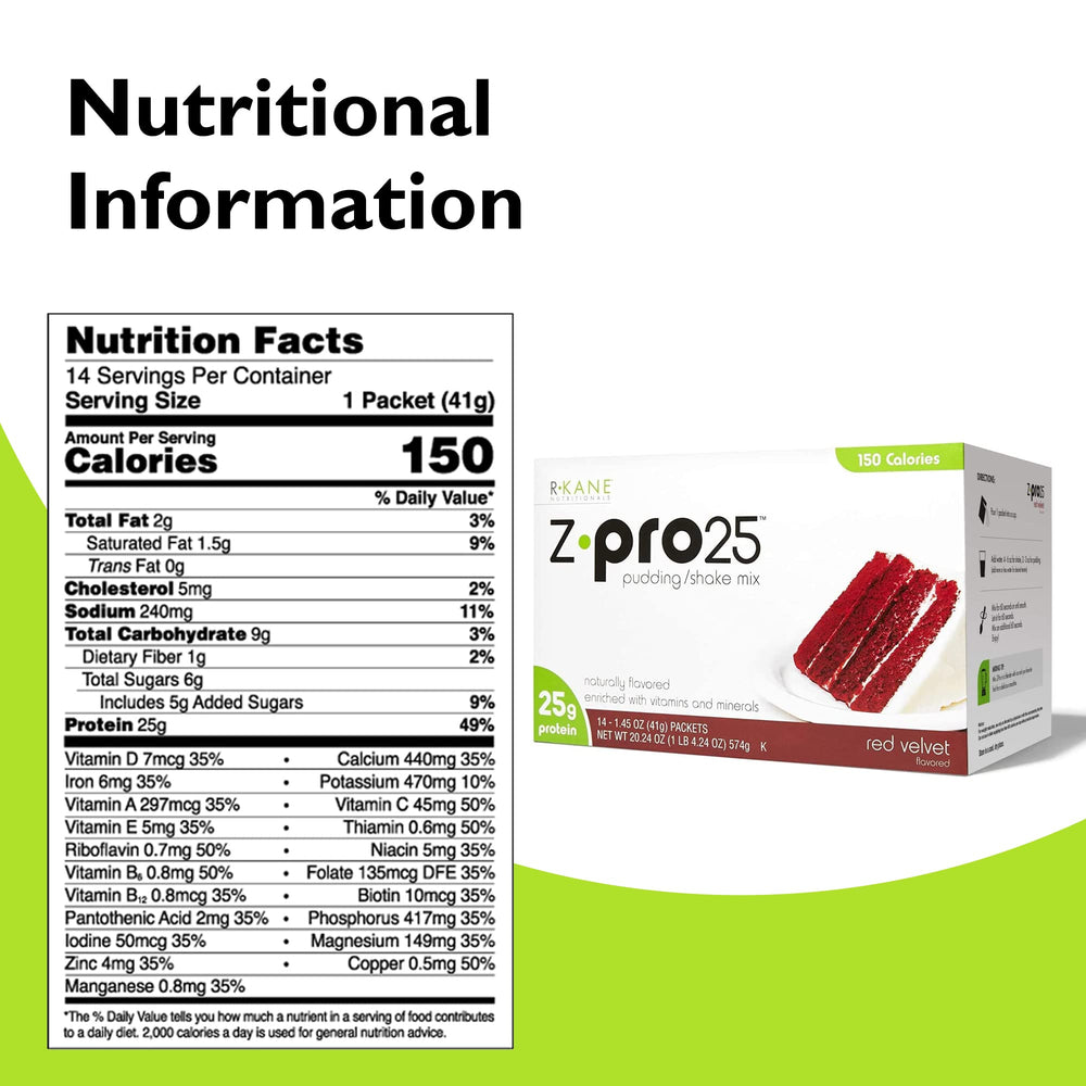 R-Kane Z-Pro Red Velvet protein drink packets ready for on-the-go nutrition.