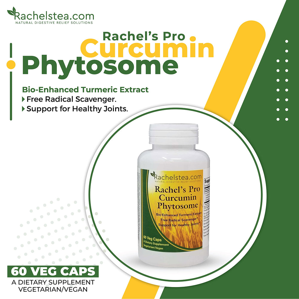 Clear view of 60 capsules per bottle from Rachelstea Pro Curcumin Phytosome.
