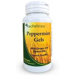 Rachelstea Peppermint Gels bottle front showing enteric-coated softgels for post-meal comfort.