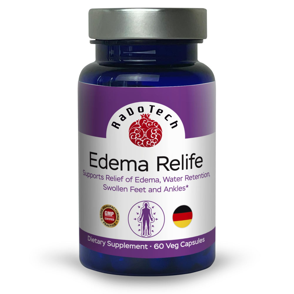 RaDoTech Edema Relife bottle and capsules for daily swelling relief in feet.